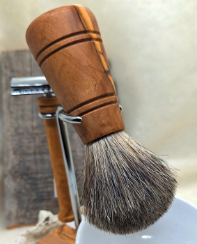 Rasier-Set Olivenholz mit Hobel, Rasier-Pinsel, Halter, runder Schale und Seife