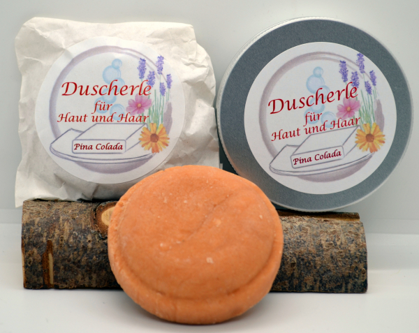 "Duscherle" PINA COLADA - Festes Shampoo und Duschgel in Einem, 70 Gr., mit Dose, speziell für unterwegs