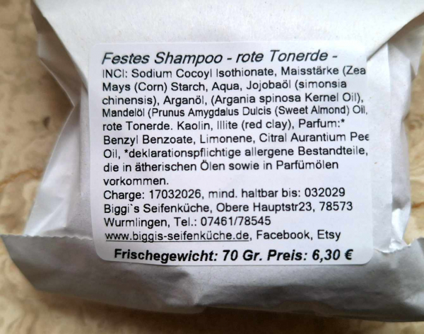 Festes Shampoo, rote Tonerde, 70 Gramm